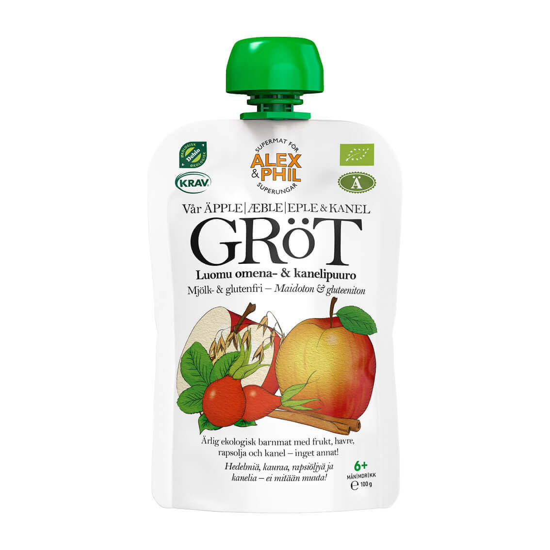 Ett 5-pack Äpple- & kanelgröt på vit botten fylld med omega-3 godsaker från alexphilfood.