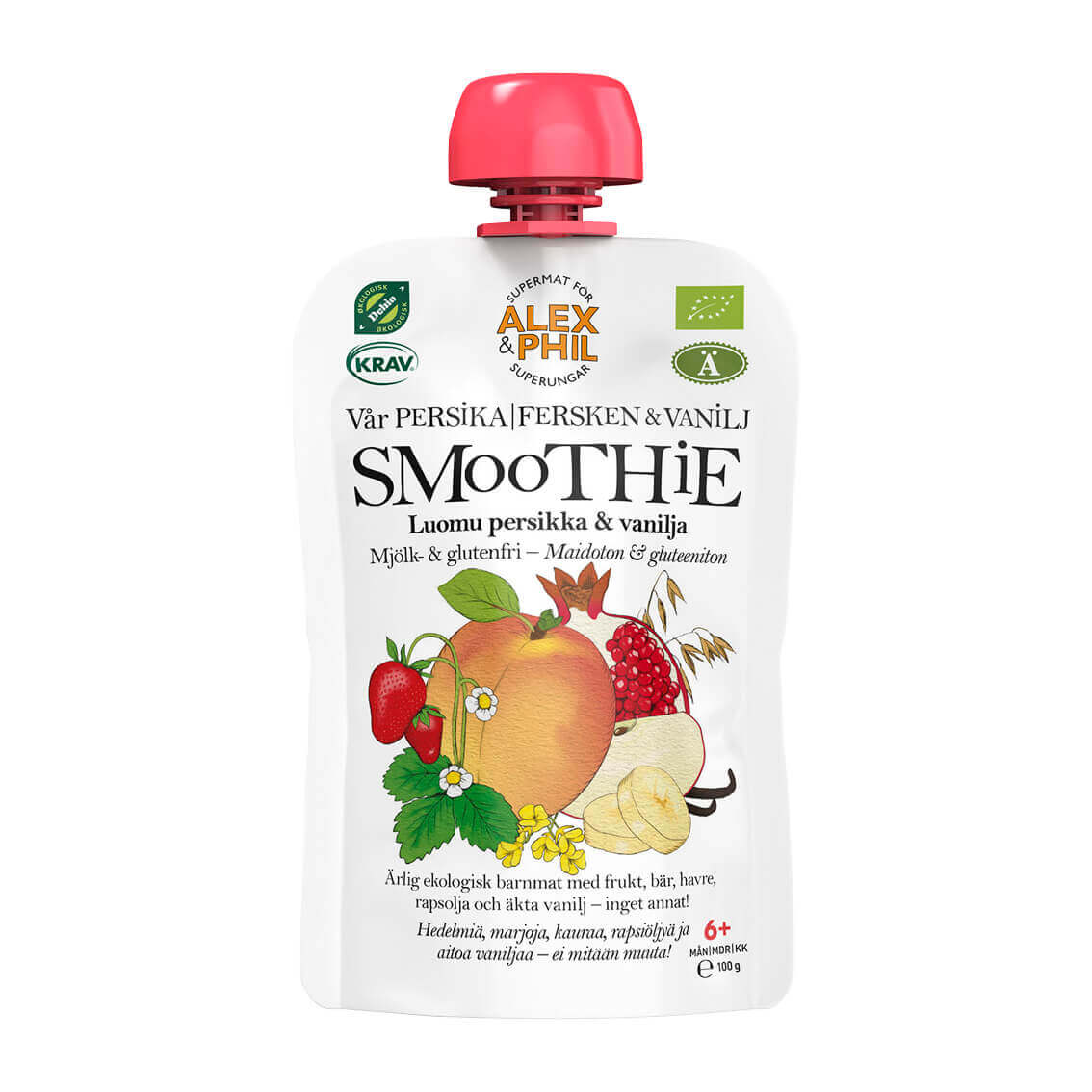 Ett 5-pack Persika- & vaniljsmoothie från alexphilfood med frukt och grönsaker på vit bakgrund.