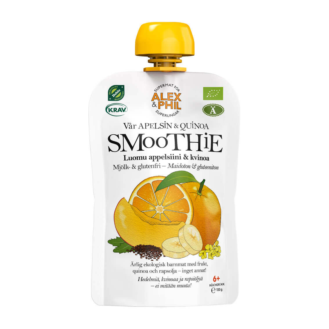 En påse Apelsin- och quinoasmoothie från alexphilfood fylld med en uppfriskande blandning av apelsiner och bananer, som visar upp dess fruktiga godhet på en ren vit bakgrund.