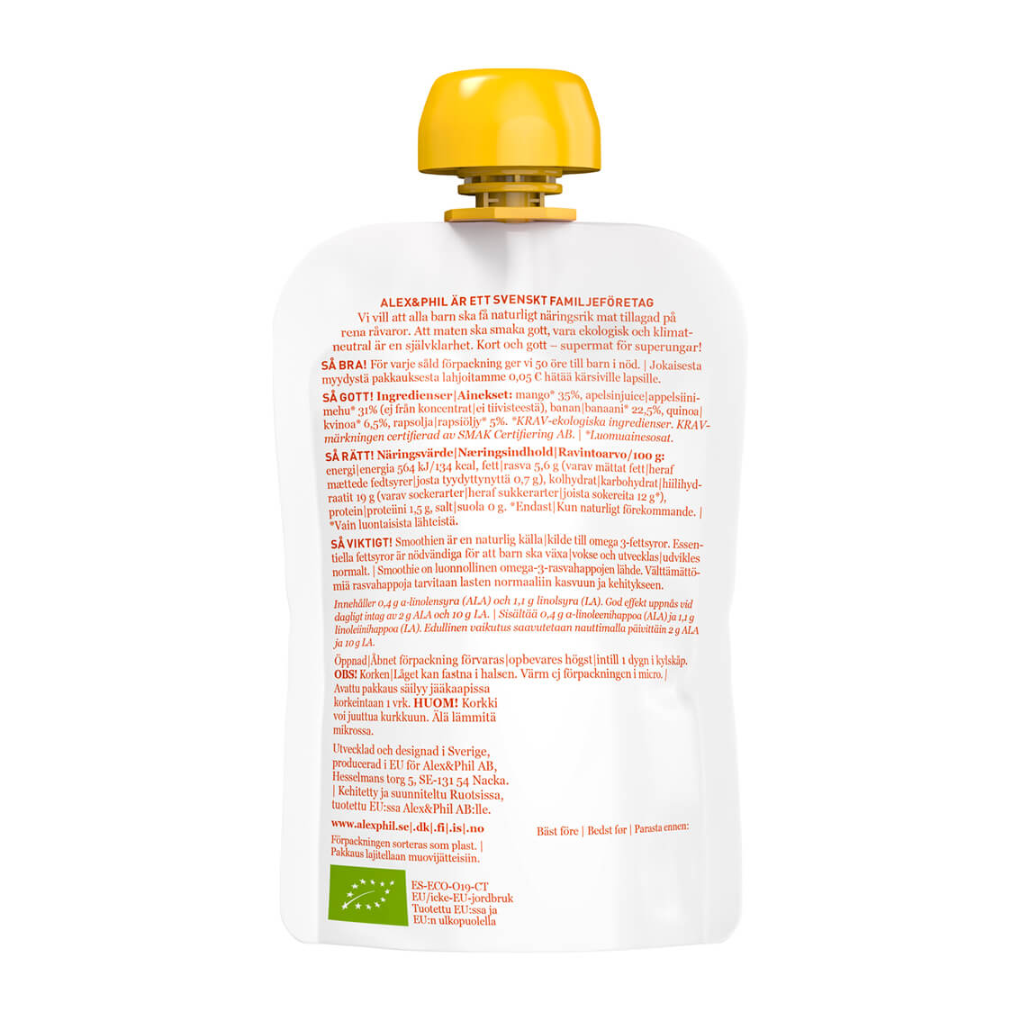 En påse med gult lock på vit bakgrund, innehållande alexphilfood Apelsin- & quinoasmoothie (5-pack) omega 3-fettsyror.