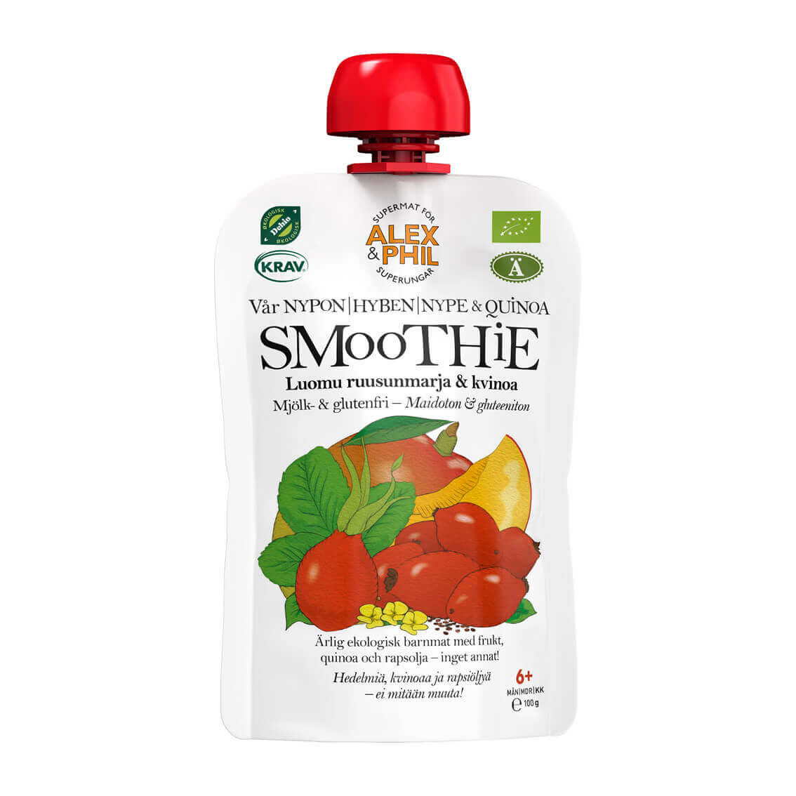 En påse Nypon- & quinoasmoothie (5-pack) med frukt och grönsaker på vit bakgrund. Märke: alexphilfood
