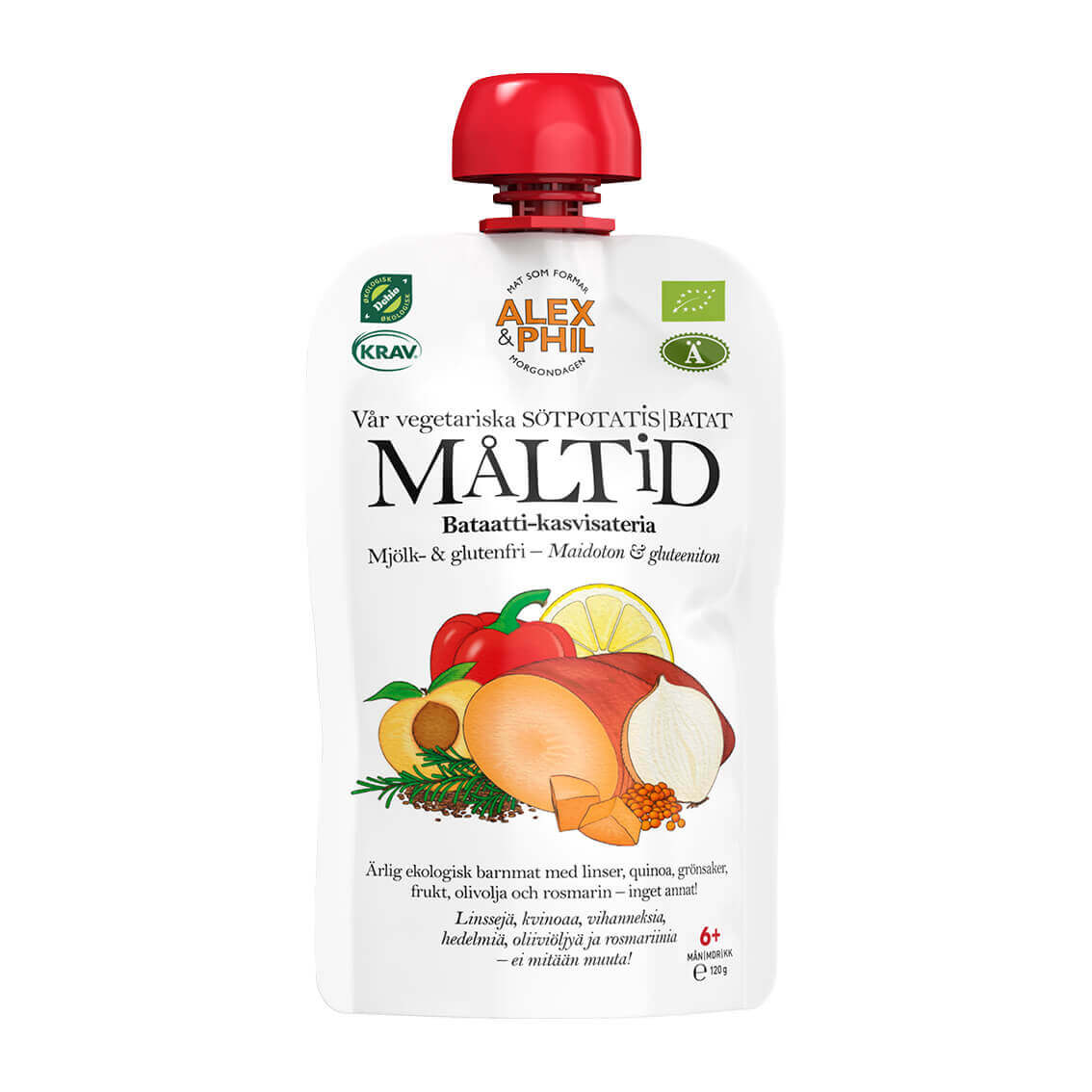 En alexphilfood Vegetarisk sötpotatismåltid (6-pack) påse på vit bakgrund, packad med protein.