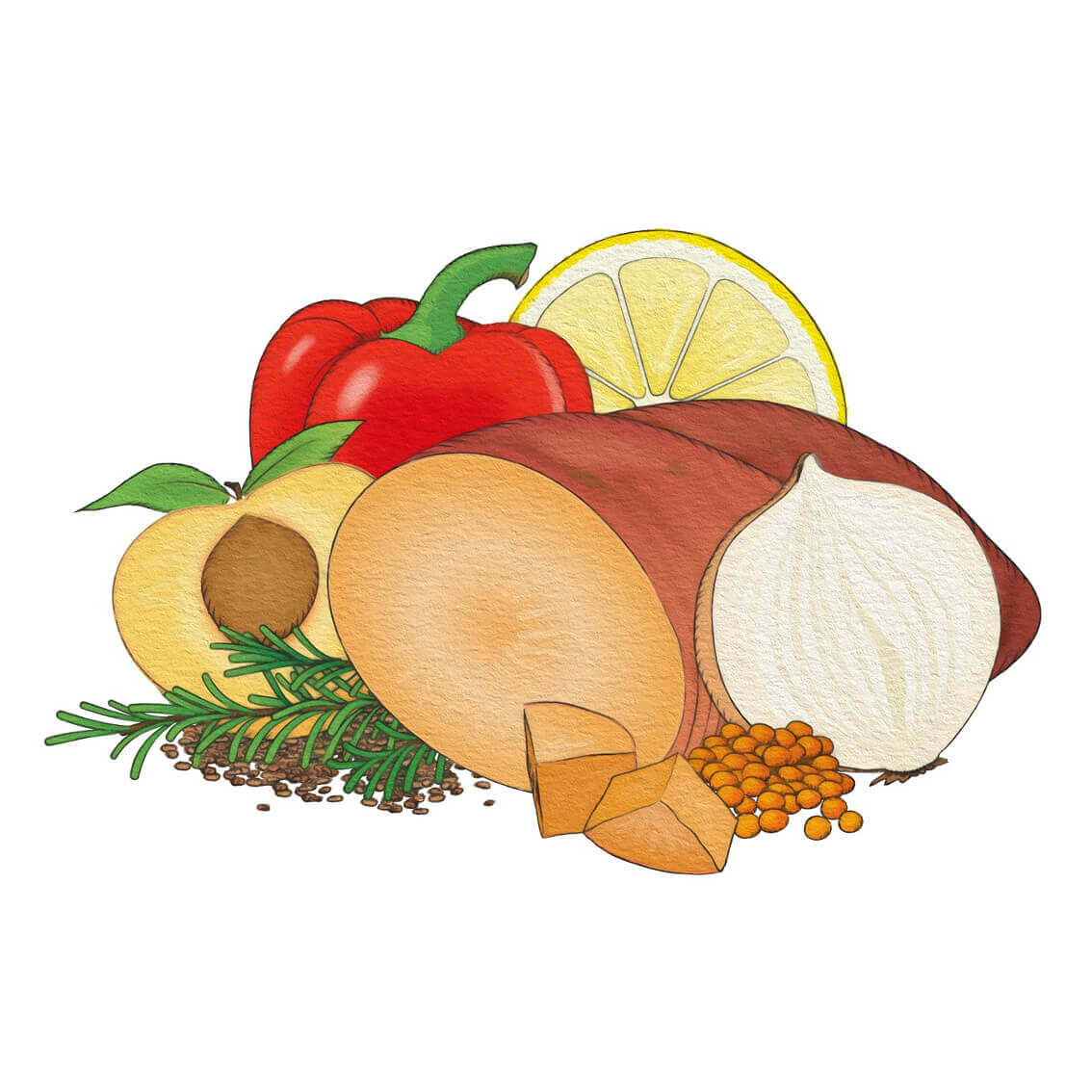 En färgstark illustration av Vegetarisk sötpotatismåltid (6-pack) av alexphilfood på vit bakgrund.