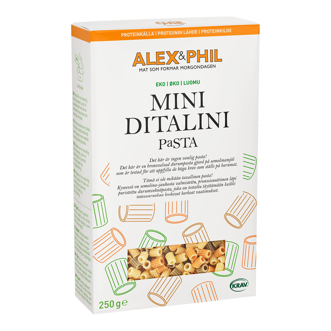 Alexphilfoods Pasta Mini Ditalini gjord på semolinamjöl och Bronsvalsad durumpasta för tillsatt protein.